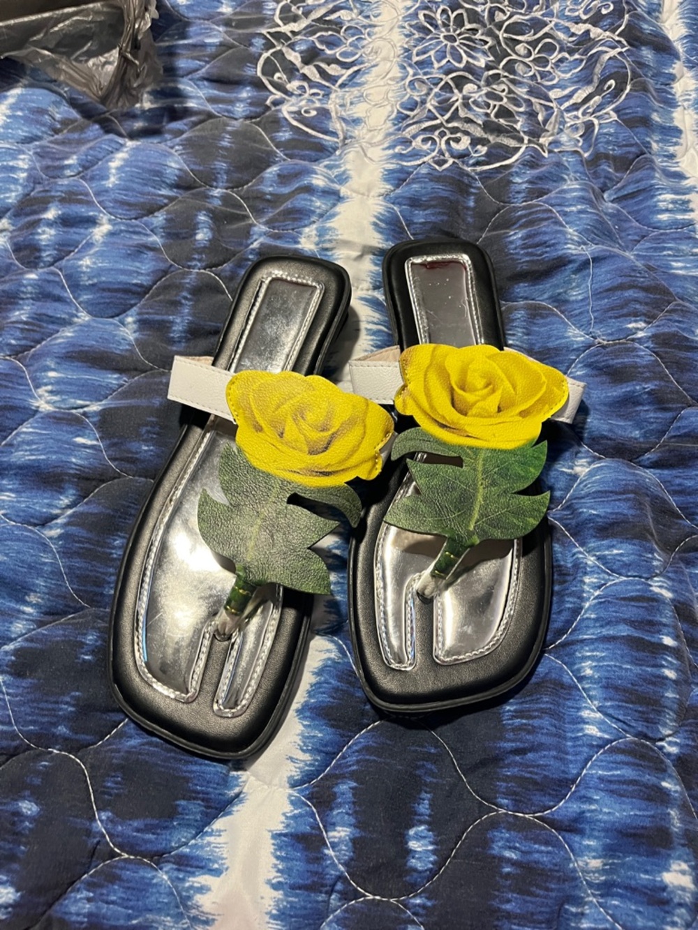 Black Floral Toe-Post Sandals with Yellow Rose Accent